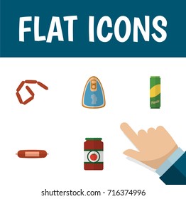 Flat Icon Eating Set Of Bratwurst, Kielbasa, Canned Chicken And Other Vector Objects. Also Includes Tomato, Kielbasa, Chicken Elements.