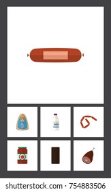 Flat Icon Eating Set Of Bratwurst, Kielbasa, Ketchup And Other Vector Objects. Also Includes Chocolate, Sauce, Frankfurt Elements.