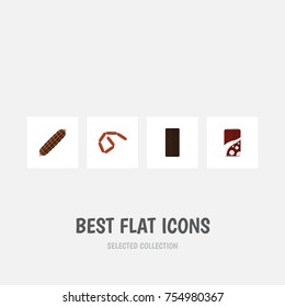 Flat Icon Eating Set Of Bratwurst, Confection, Fizzy Drink And Other Vector Objects. Also Includes Fizzy, Smoked, Hotdog Elements.