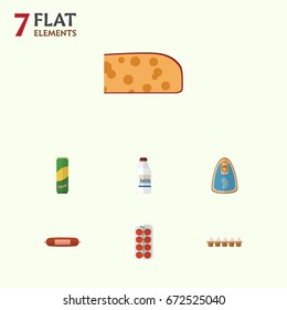 Flat Icon Eating Set Of Canned Chicken, Kielbasa, Bottle And Other Vector Objects. Also Includes Chicken, Milk, Breakfast Elements.