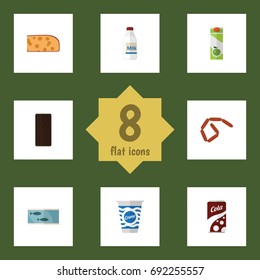 Flat Icon Eating Set Of Cheddar Slice, Confection, Bottle And Other Vector Objects. Also Includes Confection, Frankfurt, Milk Elements.