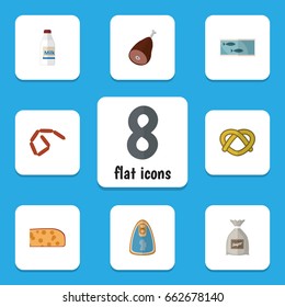 Flat Icon Eating Set Of Cookie, Bratwurst, Bottle And Other Vector Objects. Also Includes Cookie, Fillet, Meat Elements.