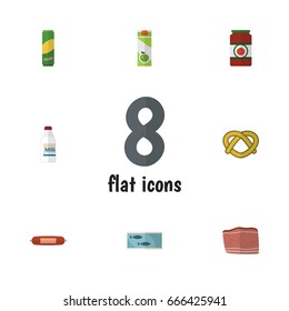 Flat Icon Eating Set Of Cookie, Packet Beverage, Kielbasa And Other Vector Objects. Also Includes Tomato, Tuna, Cookie Elements.