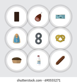 Flat Icon Eating Set Of Cookie, Bottle, Smoked Sausage And Other Vector Objects. Also Includes Chocolate, Tasty, Sausage Elements.