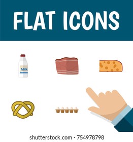 Flat Icon Eating Set Of Cookie, Eggshell Box, Bottle And Other Vector Objects. Also Includes Meat, Bottle, Biscuit Elements.