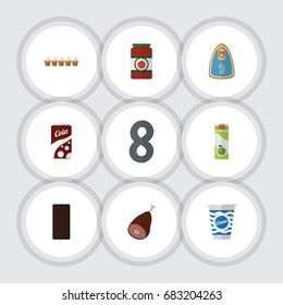 Flat Icon Eating Set Of Eggshell Box, Meat, Canned Chicken And Other Vector Objects. Also Includes Chocolate, Fizzy, Box Elements.