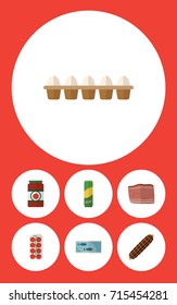 Flat Icon Eating Set Of Eggshell Box, Smoked Sausage, Tomato And Other Vector Objects. Also Includes Love, Macaroni, Tomato Elements.