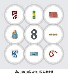 Flat Icon Eating Set Of Fizzy Drink, Canned Chicken, Spaghetti And Other Vector Objects. Also Includes Drink, Spaghetti, Pasta Elements.