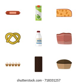 Flat Icon Eating Set Of Kielbasa, Cheddar Slice, Beef And Other Vector Objects. Also Includes Cookie, Tart, Pretzel Elements.
