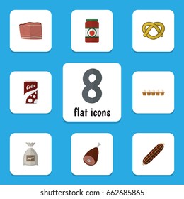 Flat Icon Eating Set Of Meat, Fizzy Drink, Cookie And Other Vector Objects. Also Includes Eggshell, Egg, Sauce Elements.