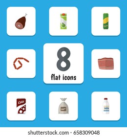 Flat Icon Eating Set Of Packet Beverage, Sack, Bottle And Other Vector Objects. Also Includes Meat, Packet, Fizzy Elements.