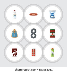 Flat Icon Eating Set Of Packet Beverage, Kielbasa, Bottle And Other Vector Objects. Also Includes Yogurt, Love, Custard Elements.