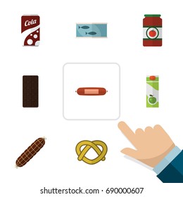Flat Icon Eating Set Of Packet Beverage, Cookie, Kielbasa And Other Vector Objects. Also Includes Bratwurst, Tomato, Biscuit Elements.