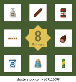 Flat Icon Eating Set Of Sack, Smoked Sausage, Eggshell Box And Other Vector Objects. Also Includes Macaroni, Custard, Pasta Elements.