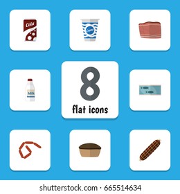 Flat Icon Eating Set Of Smoked Sausage, Bottle, Bratwurst And Other Vector Objects. Also Includes Fish, Yogurt, Breakfast Elements.