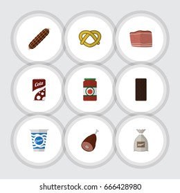 Flat Icon Eating Set Of Smoked Sausage, Meat, Cookie And Other Vector Objects. Also Includes Cream, Meat, Bratwurst Elements.