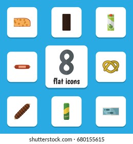 Flat Icon Eating Set Of Spaghetti, Tin Tuna, Packet Beverage And Other Vector Objects. Also Includes Bar, Fish, Chocolate Elements.
