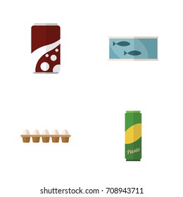 Flat Icon Eating Set Of Spaghetti, Tin Tuna, Fizzy Drink And Other Vector Objects. Also Includes Egg, Fizzy, Soda Elements.