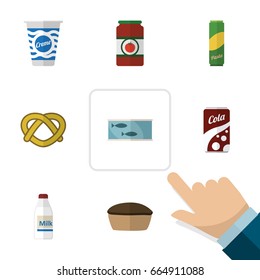 Flat Icon Eating Set Of Tart, Tin Tuna, Spaghetti And Other Vector Objects. Also Includes Milk, Drink, Canned Elements.