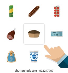 Flat Icon Eating Set Of Tart, Yogurt, Meat And Other Vector Objects. Also Includes Tart, Macaroni, Canned Elements.