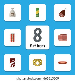 Flat Icon Eating Set Of Tomato, Fizzy Drink, Beef And Other Vector Objects. Also Includes Sugar, Beef, Sausage Elements.