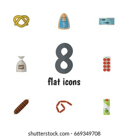 Flat Icon Eating Set Of Tomato, Cookie, Packet Beverage And Other Vector Objects. Also Includes Tomato, Juice, Chicken Elements.