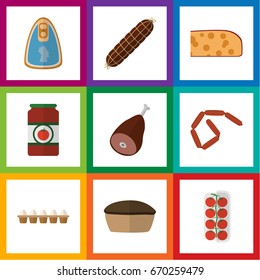 Flat Icon Eating Set Of Tomato, Eggshell Box, Smoked Sausage And Other Vector Objects. Also Includes Beef, Fillet, Ketchup Elements.