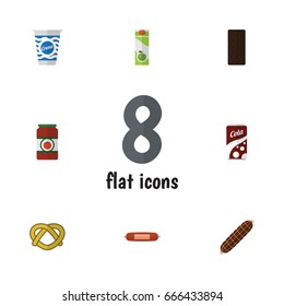 Flat Icon Eating Set Of Yogurt, Confection, Smoked Sausage And Other Vector Objects. Also Includes Fizzy, Bratwurst, Bar Elements.