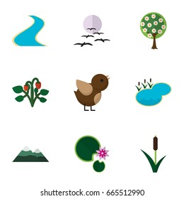 Flat Icon Ecology Set Of Bird, Lotus, Tree And Other Vector Objects. Also Includes Mountain, Lake, Tree Elements.