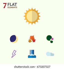 Flat Icon Ecology Set Of Canadian, Lotus, Solar And Other Vector Objects. Also Includes Overcast, Moon, Lily Elements.
