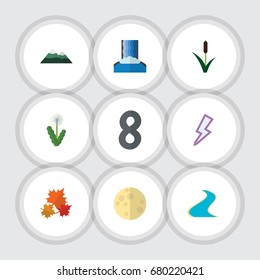 Flat Icon Ecology Set Of Cascade, Floral, Canadian And Other Vector Objects. Also Includes Waterfall, Floral, Storm Elements.