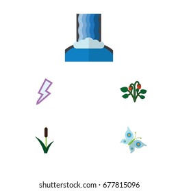 Flat Icon Ecology Set Of Cattail, Cascade, Berry And Other Vector Objects. Also Includes Reed, Grass, Monarch Elements.