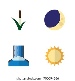 Flat Icon Ecology Set Of Cattail, Cascade, Half Moon And Other Vector Objects. Also Includes Solar, Crescent, Sun Elements.