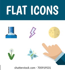 Flat Icon Ecology Set Of Floral, Cascade, Lunar And Other Vector Objects. Also Includes Lightning, Butterfly, Flower Elements.