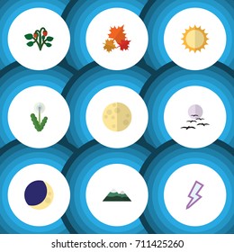 Flat Icon Ecology Set Of Floral, Lunar, Half Moon And Other Vector Objects. Also Includes Solar, Lunar, Midnight Elements.