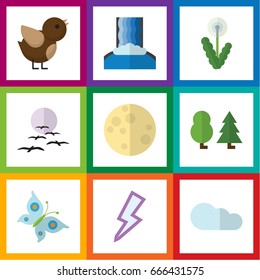 Flat Icon Ecology Set Of Forest, Monarch, Gull And Other Vector Objects. Also Includes Overcast, Lightning, River Elements.