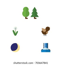 Flat Icon Ecology Set Of Half Moon, Cascade, Floral And Other Vector Objects. Also Includes Crescent, Forest, Sparrow Elements.