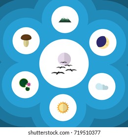 Flat Icon Ecology Set Of Half Moon, Solar, Gull And Other Vector Objects. Also Includes Champignon, Bird, Mushroom Elements.