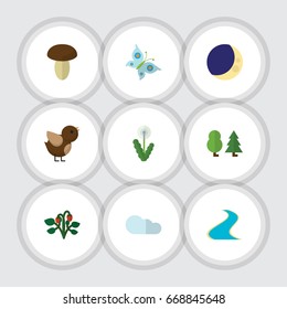 Flat Icon Ecology Set Of Monarch, Tributary, Forest And Other Vector Objects. Also Includes Crescent, Strawberry, Flower Elements.