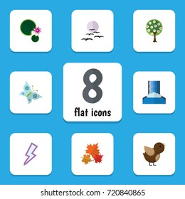 Flat Icon Ecology Set Of Monarch, Gull, Cascade And Other Vector Objects. Also Includes Leaf, Monarch, Flower Elements.