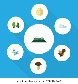 Flat Icon Ecology Set Of Monarch, Peak, Lunar And Other Vector Objects. Also Includes Sparrow, Wing, Cloud Elements.