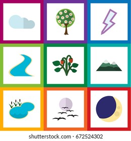 Flat Icon Ecology Set Of Peak, Tributary, Lightning And Other Vector Objects. Also Includes Bird, Pinnacle, Berry Elements.