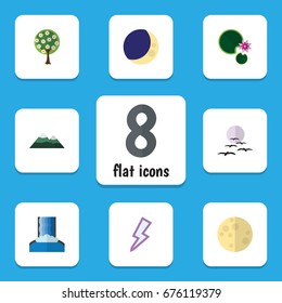 Flat Icon Ecology Set Of Peak, Lightning, Tree And Other Vector Objects. Also Includes Moon, Crescent, Cascade Elements.
