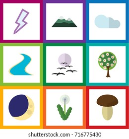 Flat Icon Ecology Set Of Peak, Gull, Floral And Other Vector Objects. Also Includes Tributary, Estuary, Storm Elements.