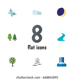 Flat Icon Ecology Set Of Tributary, Half Moon, Tree And Other Vector Objects. Also Includes Tree, Moon, Garden Elements.