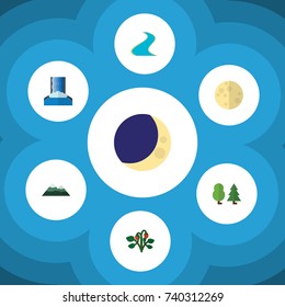 Flat Icon Ecology Set Of Tributary, Half Moon, Peak And Other Vector Objects. Also Includes Sky, Lunar, River Elements.