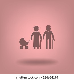 Ícone plano. Casal de idosos com um carrinho de bebê.