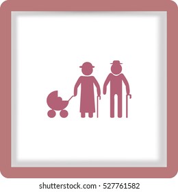 Flat icon. Elderly couple with a pram.