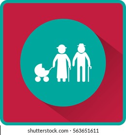 Flaches Symbol. Älteres Paar mit Kinderwagen.
