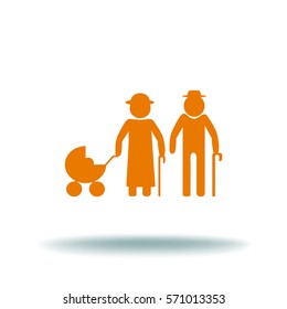 Flaches Symbol. Älteres Paar mit Kinderwagen.